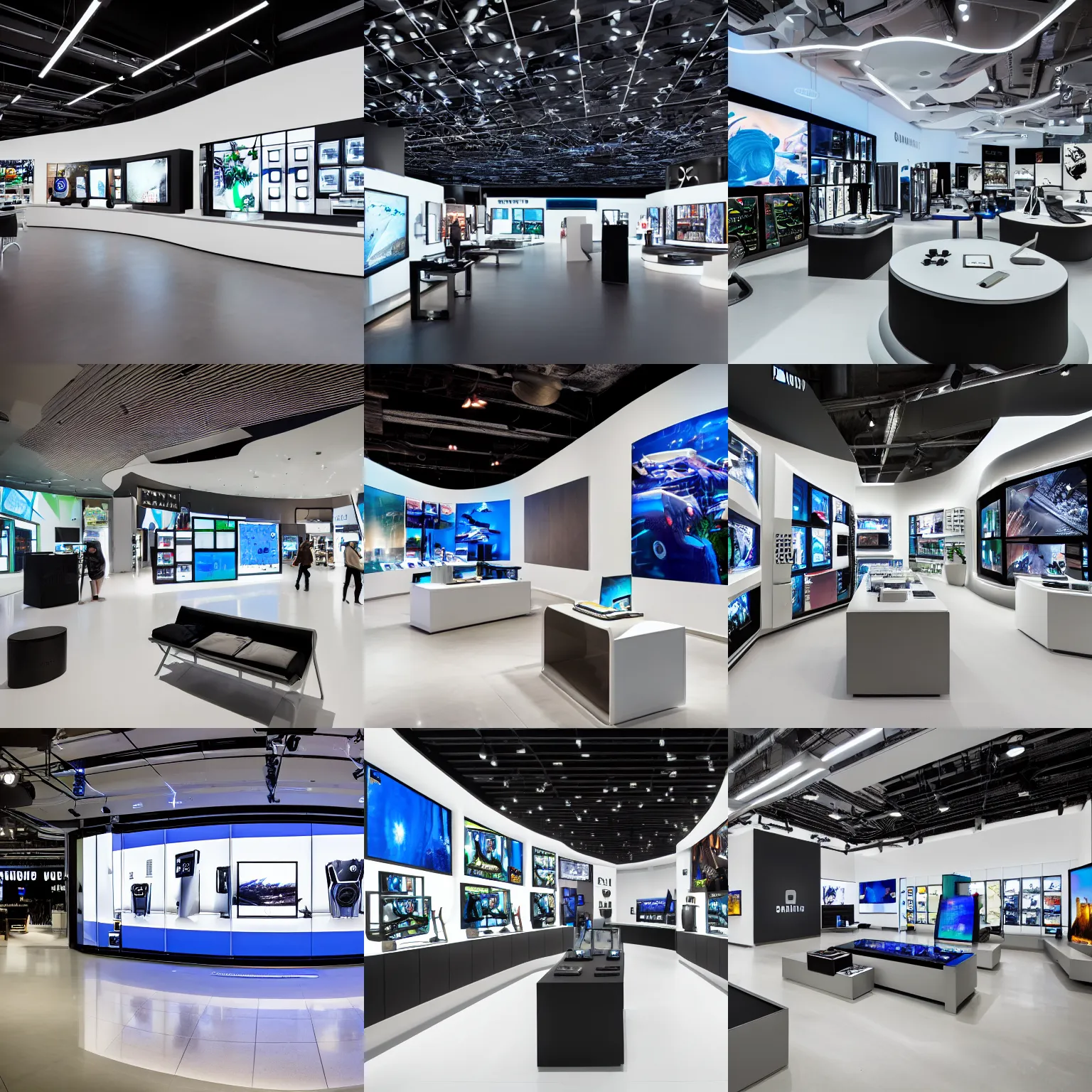 Prompt: hyperdetailed gamer samsung store, polished concrete, white walls, digital screens, curved furniture, lush plants. 8 k, film still.