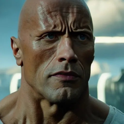 Image similar to cinematic still of dwayne johnson in alita : battle angel ( 2 0 1 9 ), xf iq 4, f / 1. 4, iso 2 0 0, 1 / 1 6 0 s, 8 k, raw, dramatic lighting, symmetrical balance, in - frame