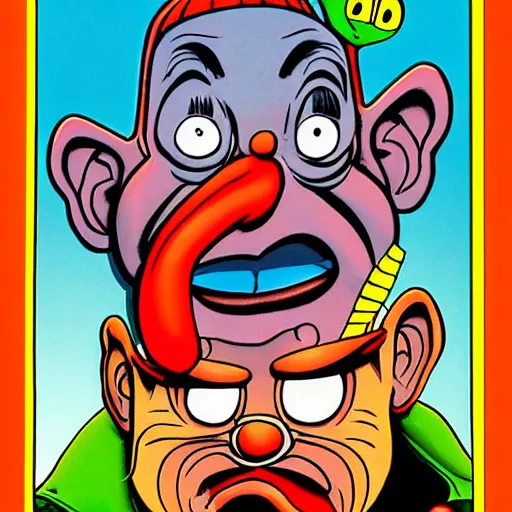 Image similar to two birdman, close up face, magnified face, ren and stimpy style, cartoon from the 90's, artwork by Alex Horley + Joe Jusko + todd schorr + richard scarry
