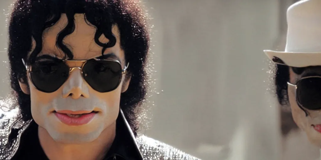 Image similar to michael jackson by himself 2 0 0 9 style wearing shades, studio solo, this is it style, photo real, skin pores, motion blur, solo, by himself, heroic pose, real life, spotted, ultra realistic face, accurate, 4 k, movie still, uhd, sharp, detailed, cinematic, render, modern