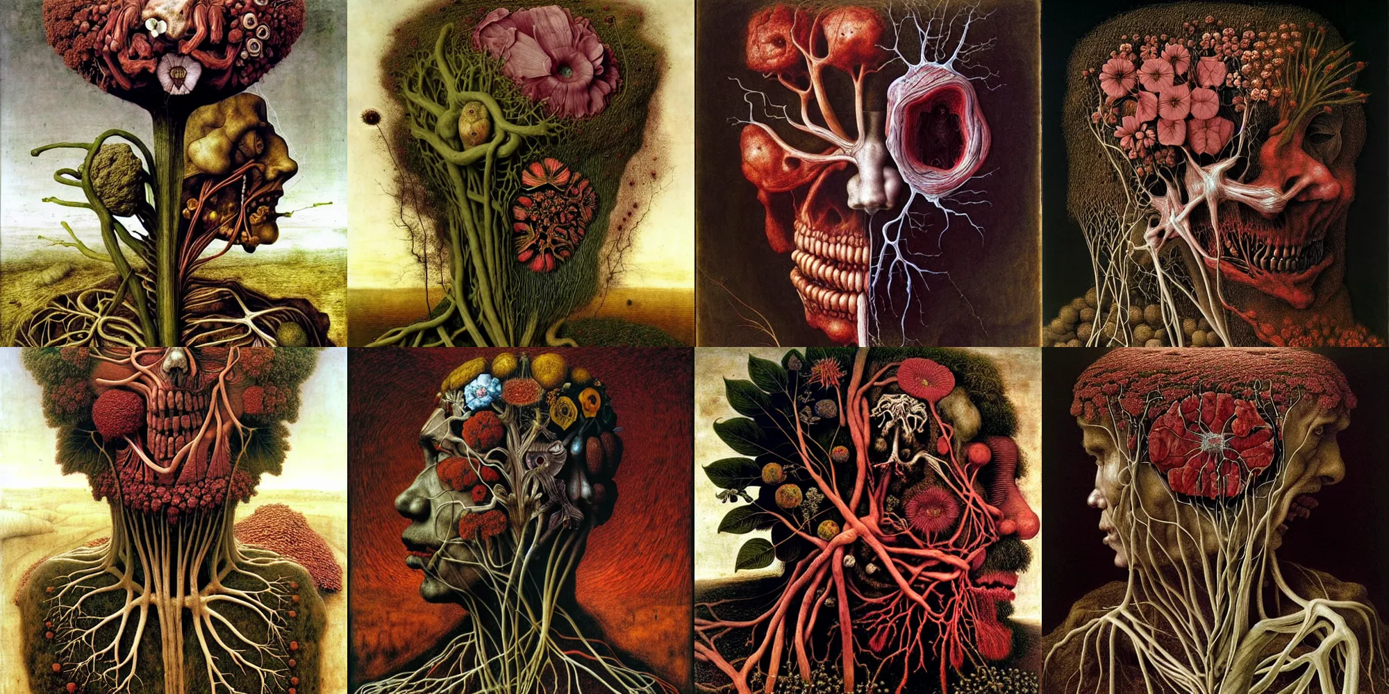 Prompt: a flower made of veins and muscle tissue growing from the earth, elegant, dark, by giuseppe arcimboldo and ambrosius benson, a touch of beksinski, realistic, renaissance, zoomed out