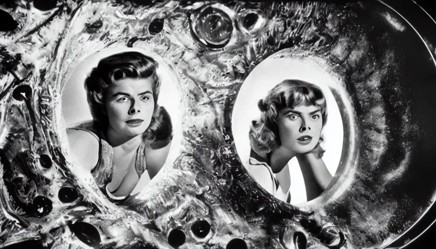 Image similar to film capture, young ingrid bergman as barbarella, exploring an alien planet. full colour. colourful. symmetrical face. symmetrical body. cinematic. 1 0 0 mm lens. realistic. photograph.