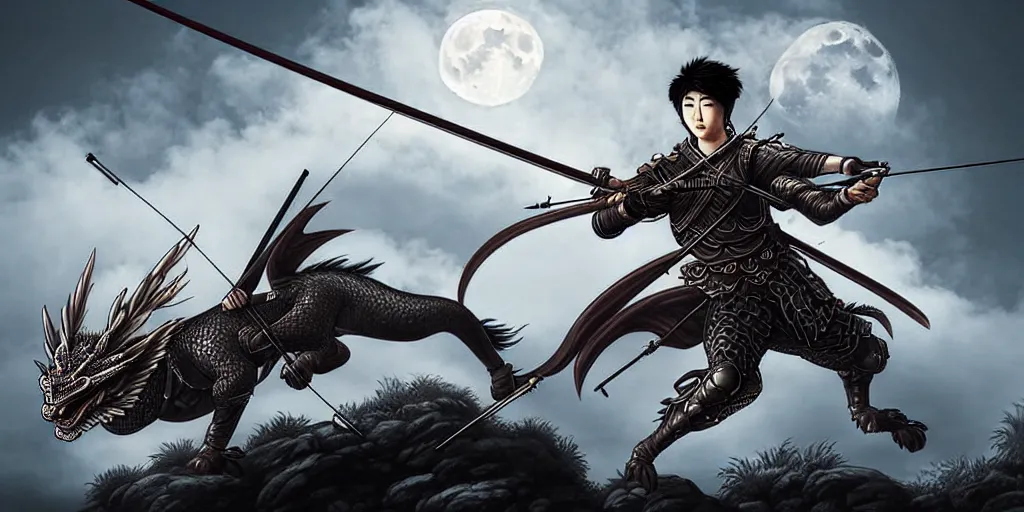 Image similar to korean archer wearing a helmet shooting an asian dragon. the moon is in the sky. there is a river. dark fantasy. high resolution. detailed. digital art. dark fantasy. kentaro miura.