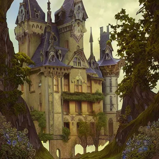 Image similar to a fantasy goth castle on hill, digital art, photorealistic, dark, smooth, sharp focus, artgerm, alphonse mucha