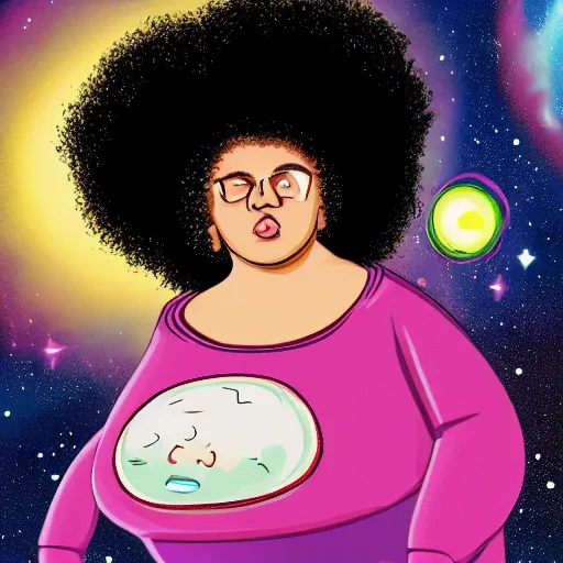 Image similar to mixed fat woman with an afro in space