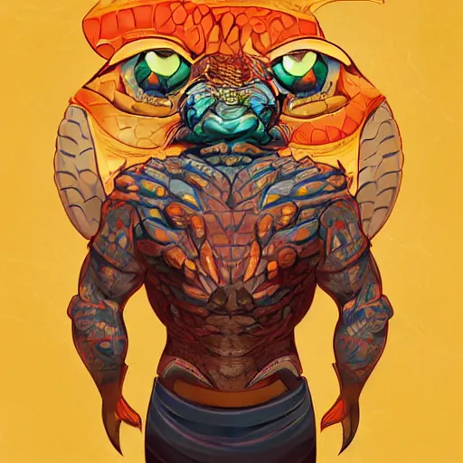 Image similar to in the style of artgerm, loish and ross tran, cartoon anthropomorphic alligator, symmetrical face, symmetrical eyes, red scales on his back, yellow scale on his belly and chest, male, waring a hawaiian shirt, cgsociety