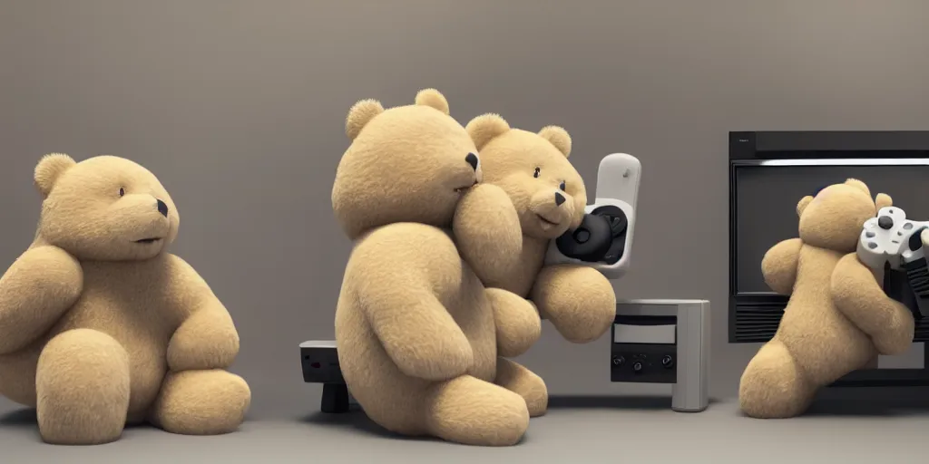 Prompt: two fluffy bears playing nintendo with tv from 1 9 7 0, octane render, 8 k resolution, cinematic