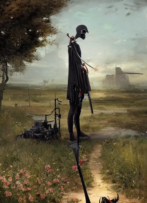 Image similar to grim reaper : : scythe and black rose : : kodachrome : : 2 d : : 3 d : : ray tracing global illumination : : insanely detailed and intricate, hypermaximalist, elegant, ornate, hyper realistic, super detailed : : by ismail inceoglu : : by john constable