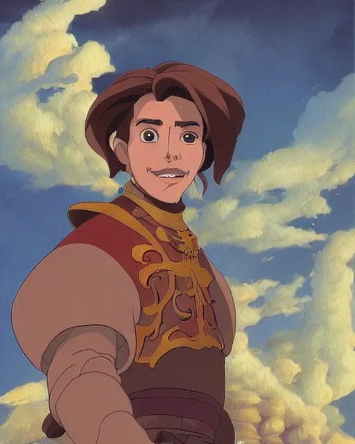 Image similar to portrait of a spanish conquistador, by daniel zrom and disney concept artists and masamune shirow and josan gonzales and studio ghibli, treasure planet movie still, treasure planet movie color scheme, symmetric, handsome