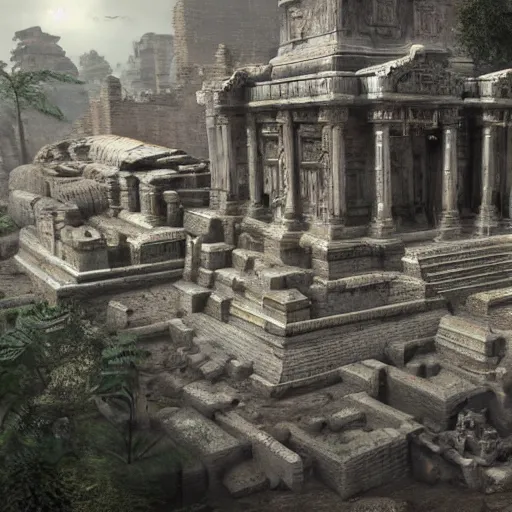 Image similar to realistic hyper detailed hard surface modelled 3 d geometry, tomb raider temple ruins, deep perspective, wide angle, insanely detailed and intricate, ornate patterned people, by sir james guthrie