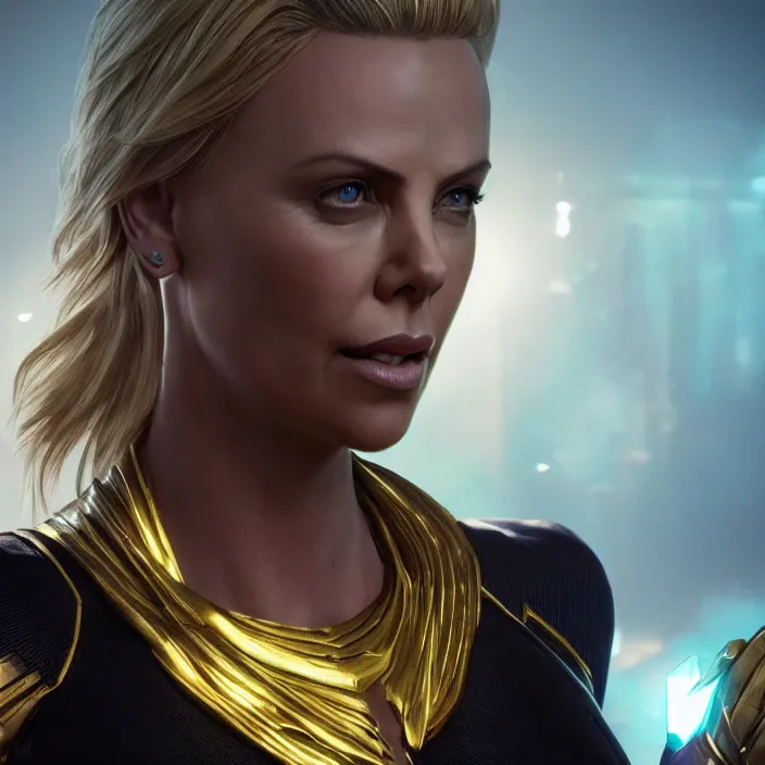 Image similar to portrait of ((Charlize Theron)), wearing The Infinity GAUNTLET. THANOS SNAP. intricate artwork. octane render, trending on artstation, very coherent symmetrical artwork. avengers. thanos. cinematic, hyper realism, high detail, octane render, 8k, iridescent accents