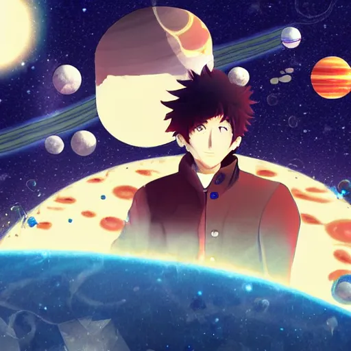 Prompt: Okabe Rintarou floating in outer space with stars and planets in the background, digital art, anime, stylish, sci-fi