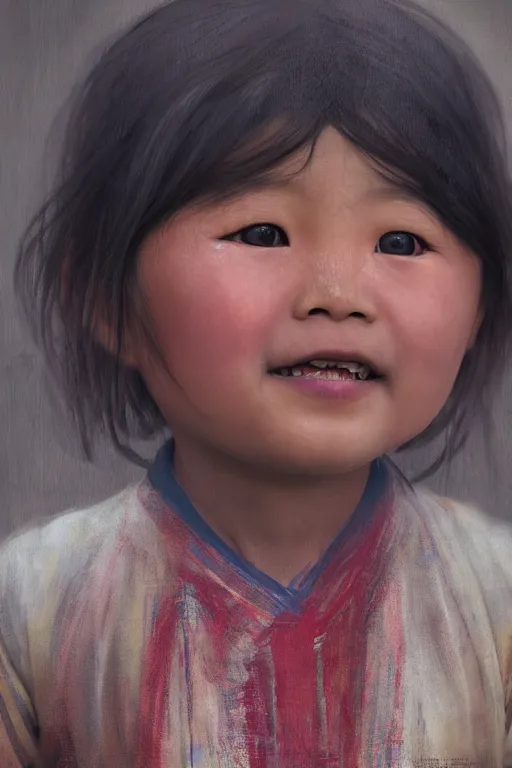 Image similar to Tibetan little girl, joyful, close-up portrait, intricate, elegant, volumetric lighting, scenery, digital painting, highly detailed, artstation, sharp focus, illustration, concept art, ruan jia, steve mccurry