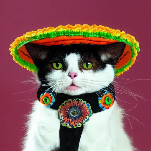 Prompt: a mexican cat wearing a sombrero and bandolier