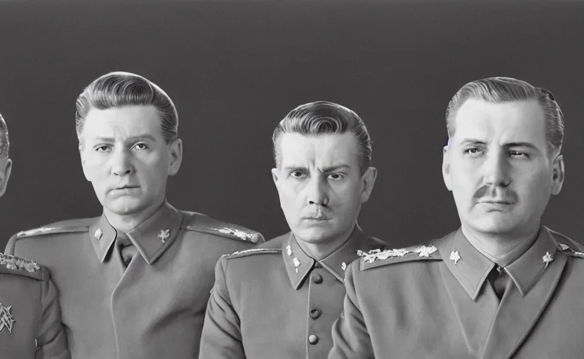 Image similar to 50s movie still close-up portrait of three individual elder soviet generals with very diverses faces in a stalinist style hall, by Irving Penn, Cinestill 800t 50mm black and white, heavy grainy picture, very detailed, high quality, 4k, HD criterion, precise texture, facial precision, diverse haircuts, diverse ages, each faces precisely define