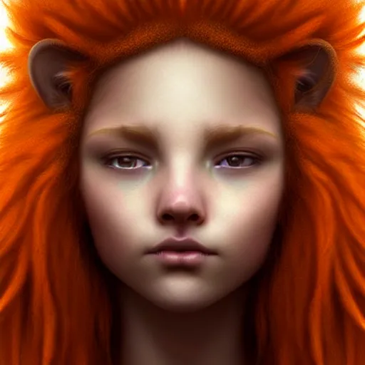 Prompt: Portrait of a girl angel with pale orange colored frizzy strands of illuminated hair, cat ears on her head, glowing halo, Lion's Mane, Lion's Gate, fantasy, intricate, elegant, highly detailed, digital painting, artstation, concept art, smooth, sharp focus, illustration, art by Krenz Cushart and Artem Demura and alphonse mucha