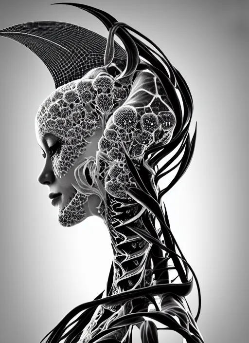 Image similar to a black and white 3D render of a beautiful portrait of a young female angelic-dragon-cyborg face with a very long neck, 150 mm, orchids, Mandelbrot fractal, anatomical, flesh, facial muscles, veins, arteries, full frame, microscopic, elegant, highly detailed, flesh ornate, elegant, high fashion, rim light, ray trace, octane render in the style of H.R. Giger and Man Ray, Realistic, Refined, Digital Art, Highly Detailed, Cinematic Lighting, rim light, black and white, photo-realistic Unreal Engine, 8K