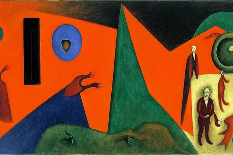 Image similar to inflation!!! money!!!!! and supply chain hurting global population, colors orange, white!!, dark green, dark blue, abstract oil painting by leonora carrington, by max ernst