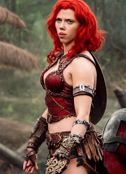 Image similar to scarlett johansson portraying a beautiful red sonja, beautiful scarlett johansson red sonja, movie, hyper realistic, hollywood promotional image, imax, 8 k