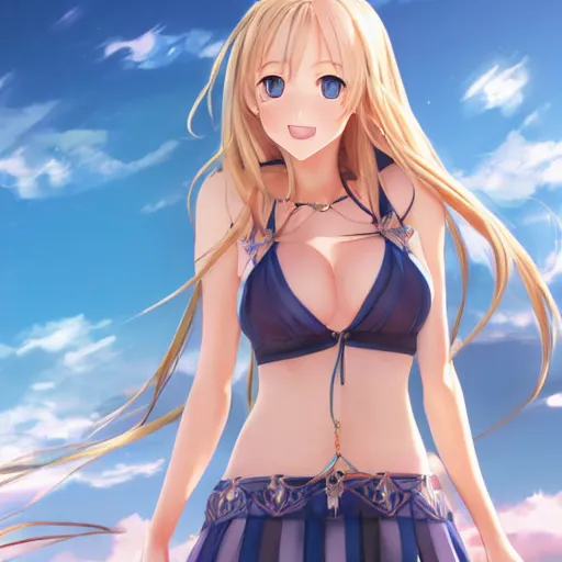 Image similar to a very beautiful mature yuuki asuna, full body, long wavy blond hair, sky blue eyes, full round face, bikini, miniskirt, front view, mid - shot, cute pose, highly detailed, cinematic wallpaper by stanley artgerm lau