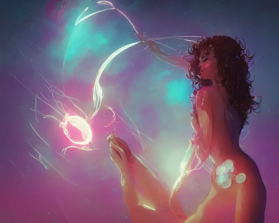 Image similar to beautiful fantastical girl standing in a lake basking in the moonlight, casting a spell, under a multi-colored binary blackhole with an accretion disc, glowing trails following her arms, wearing professional makeup, synthwave, by Lois van Baarle, by Greg Rutkowski, by artgerm, by beeple, by studio ghibli, cinematic angle, volumetric lighting, 4k resolution, octane render, trending on artstation, masterpiece