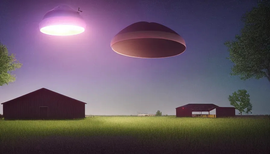 Prompt: a ufo floats over a barn with a broken roof, debris is ascending toward the ufo, volumetric lighting, night, photorealistic rendering, color palette, 8 k