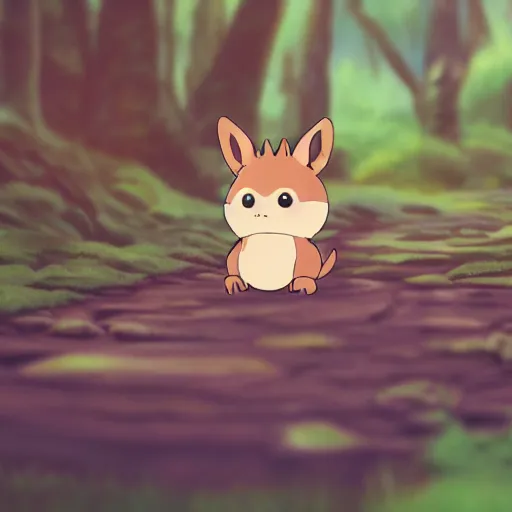 Image similar to small cute creature in the forest made by studio ghibli, spirit, night, high details, high quality, 8 k, smooth,