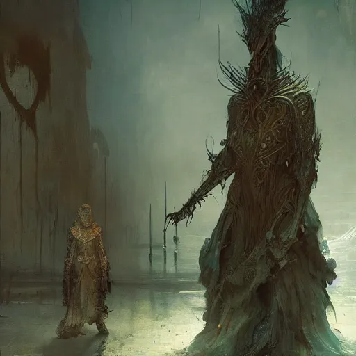 Prompt: Exterior Desert Oasis wrathful physique demonic crow wearing a man costume Jan Van eyck greg rutkowski ilya repin christophe young bastien lecouffe-deharme ismail inceoglu odd nerdrum dragan bibin john steuart curry