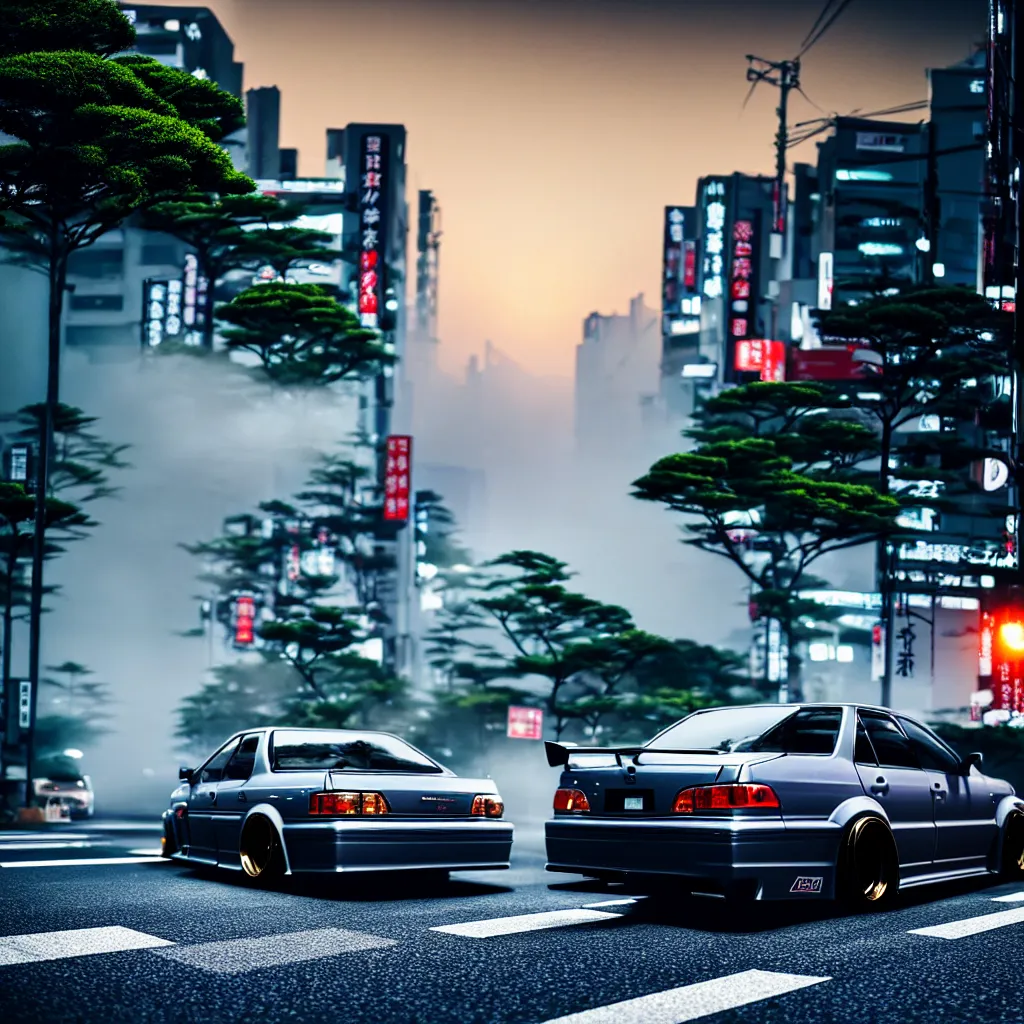 Image similar to a single car JZX100 twin turbo drift in the road, Tokyo prefecture, Japanese architecture, city sunset mist lights, cinematic lighting, photorealistic, detailed alloy wheels, highly detailed