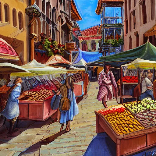 Prompt: a busy medieval Mediterranean street market , beautiful digital art, cinematic composition, detailed, concept art, Matt painting, oil painting, Canon EOS 1000D, ƒ/3.5, focal length: 18.0 mm, exposure time: 1/5, ISO 400, flash on.