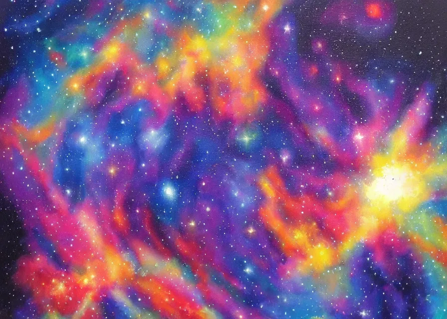 Image similar to spaceship flying over huge and colorful nebula, oil painting