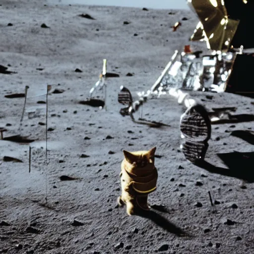 Image similar to a far away photo of a cat in a spacesuit designed for a cat walking on the surface of the moon, photorealistic