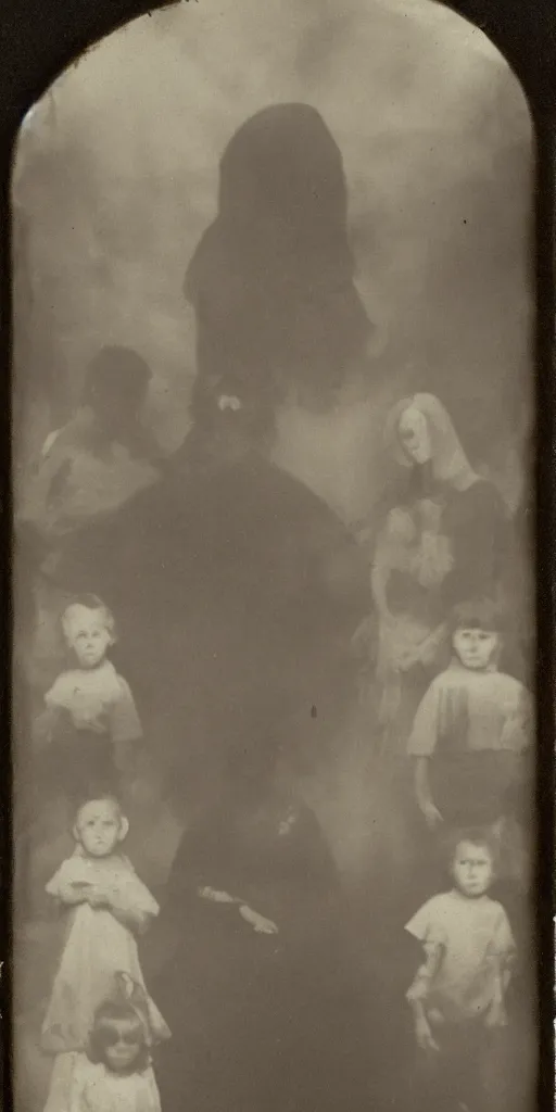 Image similar to spirit photography with glowing bulbous ectoplasm, scary shadow people, sleep paralysis demon, 1 9 0 0 s, slimer, mourning family, invoke fear and dread, old photograph, daguerreotype