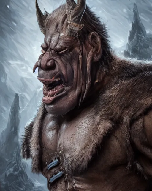 Image similar to A full body shot of a handsome orc looking into the camera wearing a leather fur jacket and boots, full body shot, detailed face, artstation, realistic, highly detailed, symmetrical, hyper realistic, dynamic pose, high detail, octane render, unreal engine, 8k, fantasy art, highly detailed, concept art, art by greg rutkowski