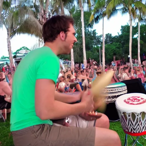 Image similar to annoying guy playing bongos at a music festival