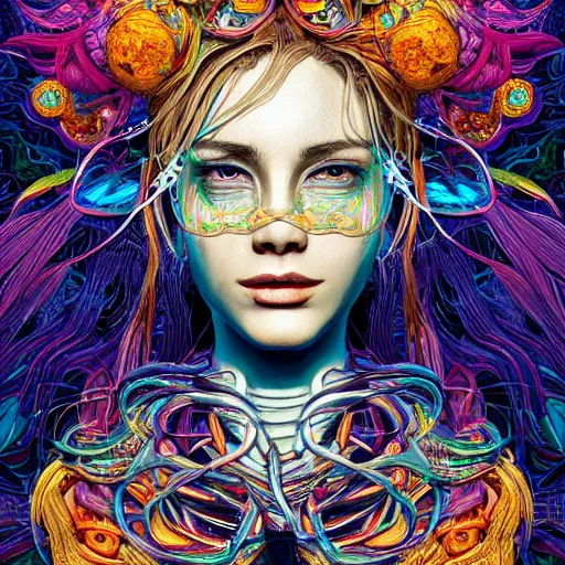 Image similar to the head of a ridiculously beautiful and pretty woman partially made of onion rings of all colors looking up, an ultrafine detailed illustration by james jean, final fantasy, intricate linework, bright colors, behance contest winner, vanitas, angular, altermodern, unreal engine 5 highly rendered, global illumination, radiant light, detailed and intricate environment