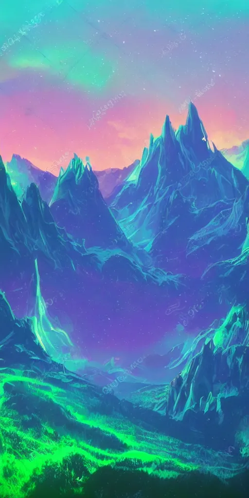 Image similar to a beautiful neon alien landscape, mountains