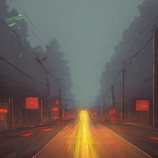 Prompt: an empty street at dusk, with a giant eldritch god emerging from the sky, rainy, wet streets, digital oil painting by simon stalenhag