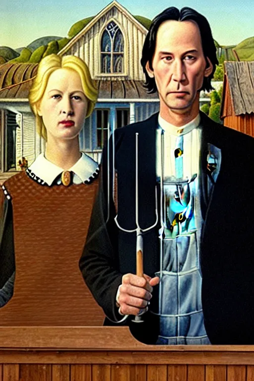 Image similar to painting of Keanu Reeves and Dolly Parton as the couple in American Gothic in the style of Grant Wood