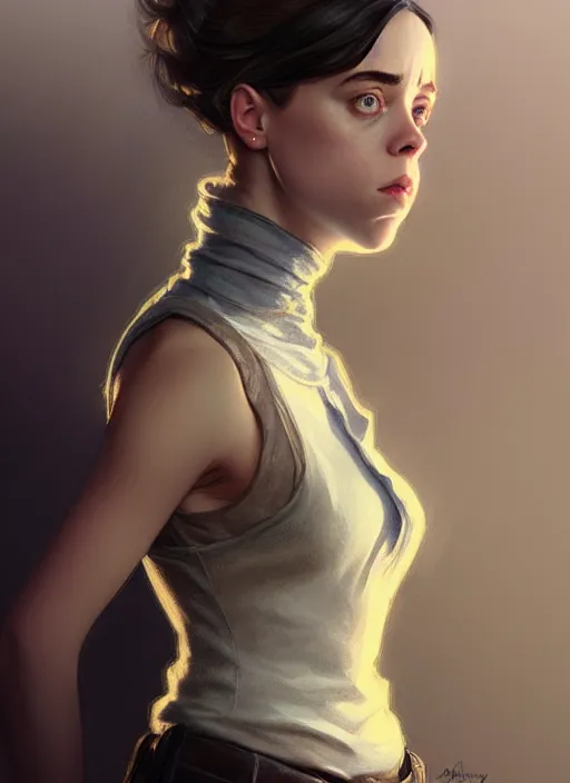 Image similar to portrait of a full body of beautiful young female detective, d & d, sleeveless turtleneck, fantasy, flat lighting, intricate, highly detailed, digital painting, artstation, concept art, smooth, sharp focus, illustration, billie eilish, art by simon bisley and greg rutkowski and alphonse mucha, natural tpose