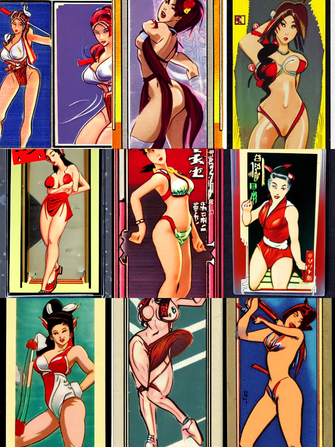 Prompt: mai shiranui trading card from 1 9 3 0 s