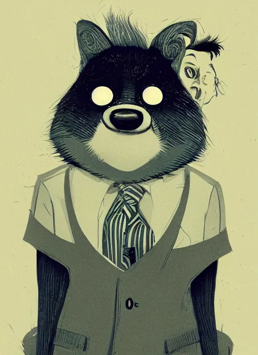 Image similar to an illustration portrait of an anthropomorphic raccoon mob boss, by victo ngai, by stephen gammell, by george ault, in the style of animal crossing, artstation