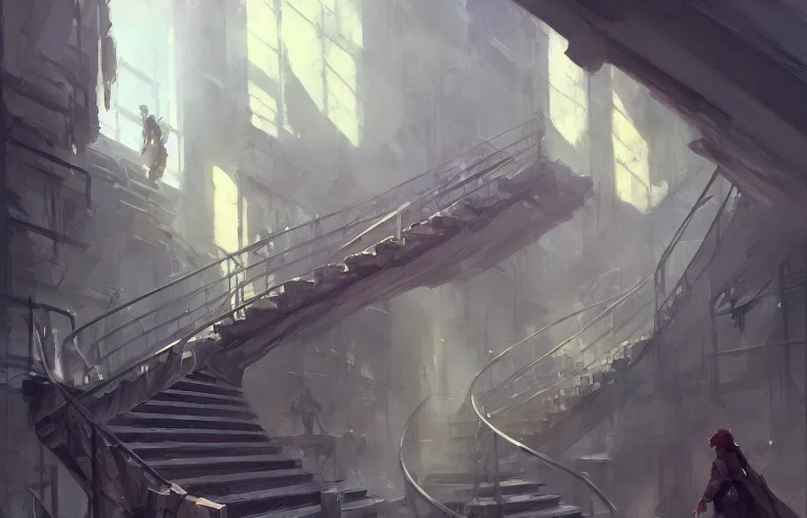 Image similar to greg manchess concept art of a the haphazard twisting stairs dimension, key visual, ambient lighting, highly detailed, digital painting, artstation, concept art, sharp focus, by makoto shinkai and akihiko yoshida and hidari and wlop and greg rutkowski