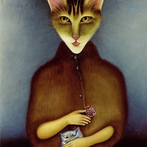 Image similar to by Remedios Varos, Ernest Hemingway in a cat girl outfit, oil painting, MET collection, high resolution.