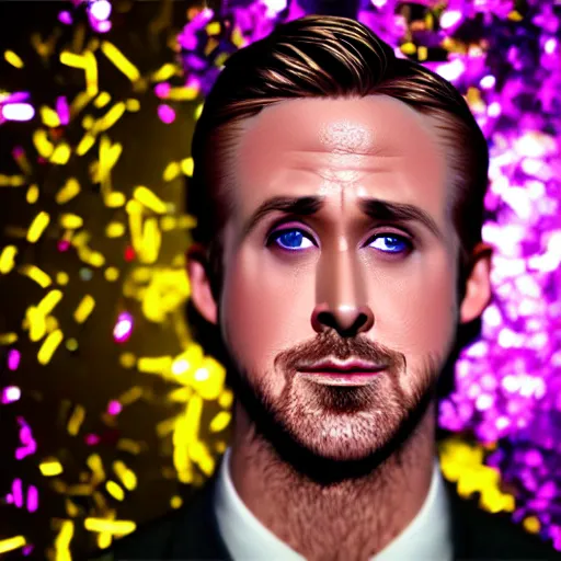 Prompt: Ryan Gosling with silver-violet hair, white eyes, inflated press and golden glittery dress, wide lens, diorama, 4k,