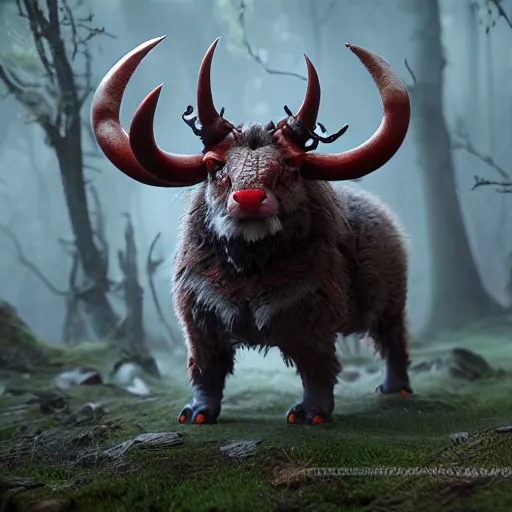 Image similar to ultrarealistic creature fluffy animal with horns and short legs and arms and red eyes, forest scene, octane render, highly detailed, cinematic lightning, epic fantasy style art