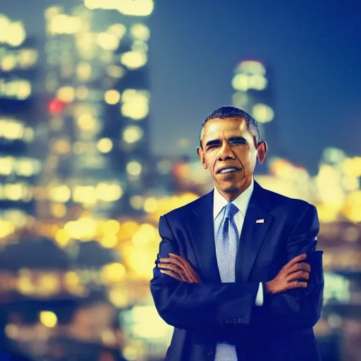 Image similar to a still of Barak Obama. Shallow depth of field. City at night in background, lights, colors ,studio lighting, mood, 4K. Profession photography