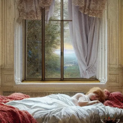 Prompt: on a rainy day, someone in home sits in bed, curled up under the covers, looking out the window, cinematic, artstation, extremely detailed, intricate, cinematic lighting, art by eugene de blaas