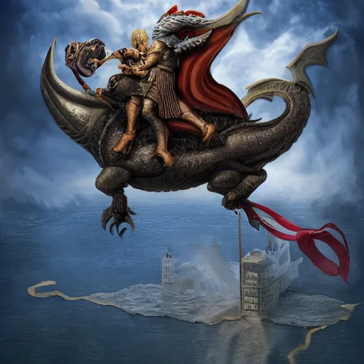 Prompt: a viking flies aboard a dragon holding the severed head of donald trump over the white house, highly detailed, 8 k