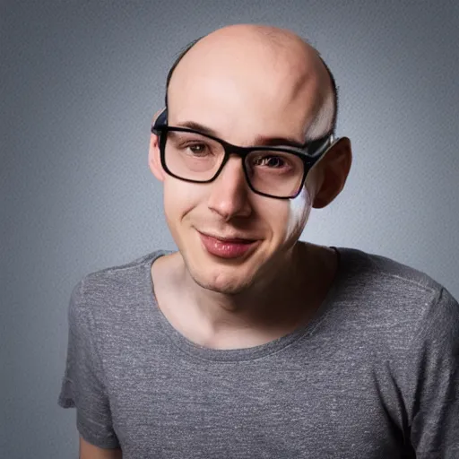 Prompt: skinny nerdy man, balding, waves with no confidence